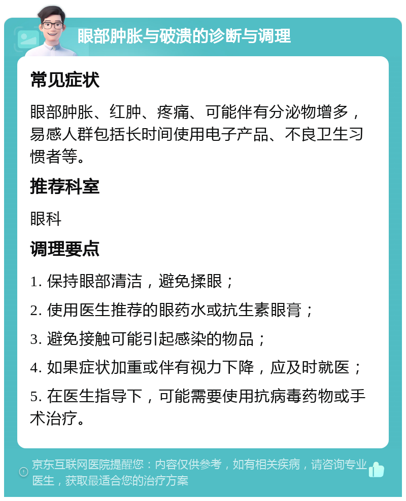 眼部肿胀与破溃的诊断与调理 常见症状 眼部肿胀、红肿、疼痛、可能伴有分泌物增多，易感人群包括长时间使用电子产品、不良卫生习惯者等。 推荐科室 眼科 调理要点 1. 保持眼部清洁，避免揉眼； 2. 使用医生推荐的眼药水或抗生素眼膏； 3. 避免接触可能引起感染的物品； 4. 如果症状加重或伴有视力下降，应及时就医； 5. 在医生指导下，可能需要使用抗病毒药物或手术治疗。