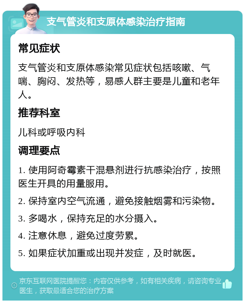 支气管炎和支原体感染治疗指南 常见症状 支气管炎和支原体感染常见症状包括咳嗽、气喘、胸闷、发热等，易感人群主要是儿童和老年人。 推荐科室 儿科或呼吸内科 调理要点 1. 使用阿奇霉素干混悬剂进行抗感染治疗，按照医生开具的用量服用。 2. 保持室内空气流通，避免接触烟雾和污染物。 3. 多喝水，保持充足的水分摄入。 4. 注意休息，避免过度劳累。 5. 如果症状加重或出现并发症，及时就医。