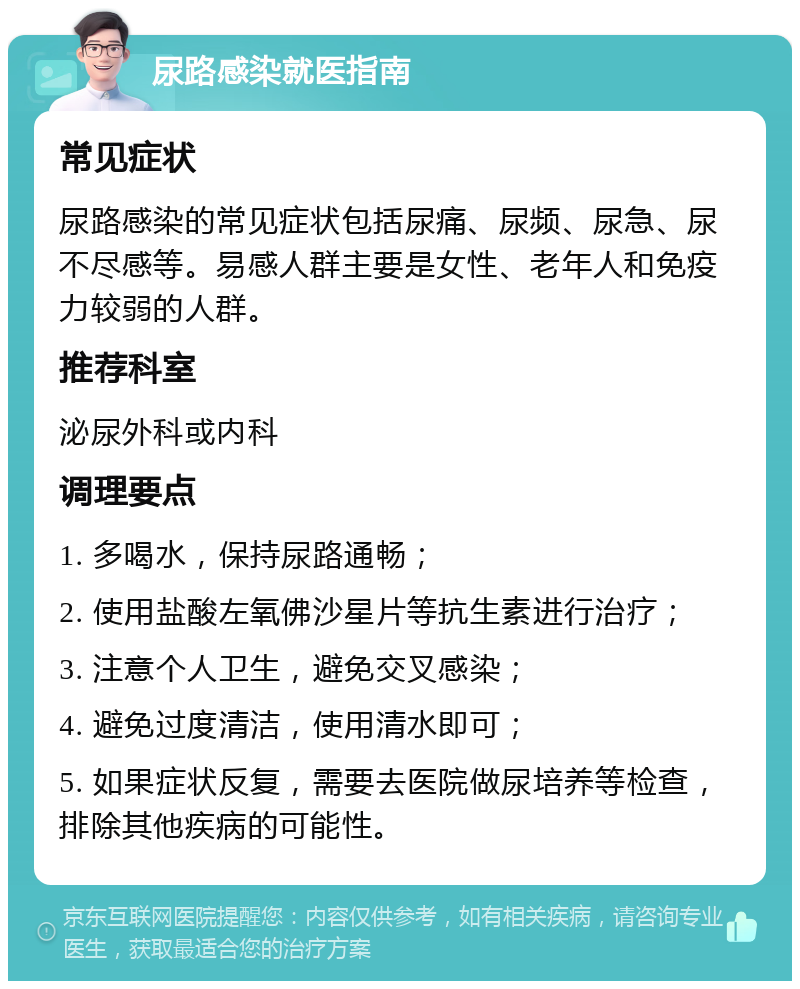 尿路感染就医指南 常见症状 尿路感染的常见症状包括尿痛、尿频、尿急、尿不尽感等。易感人群主要是女性、老年人和免疫力较弱的人群。 推荐科室 泌尿外科或内科 调理要点 1. 多喝水，保持尿路通畅； 2. 使用盐酸左氧佛沙星片等抗生素进行治疗； 3. 注意个人卫生，避免交叉感染； 4. 避免过度清洁，使用清水即可； 5. 如果症状反复，需要去医院做尿培养等检查，排除其他疾病的可能性。