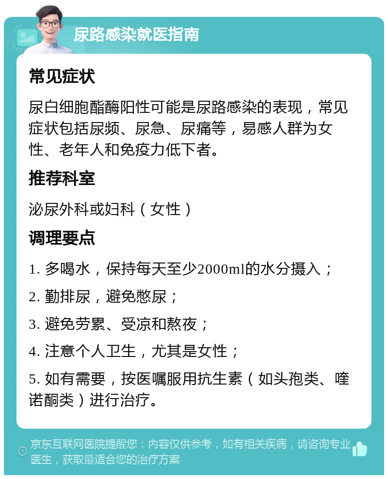 尿路感染就医指南 常见症状 尿白细胞酯酶阳性可能是尿路感染的表现，常见症状包括尿频、尿急、尿痛等，易感人群为女性、老年人和免疫力低下者。 推荐科室 泌尿外科或妇科（女性） 调理要点 1. 多喝水，保持每天至少2000ml的水分摄入； 2. 勤排尿，避免憋尿； 3. 避免劳累、受凉和熬夜； 4. 注意个人卫生，尤其是女性； 5. 如有需要，按医嘱服用抗生素（如头孢类、喹诺酮类）进行治疗。