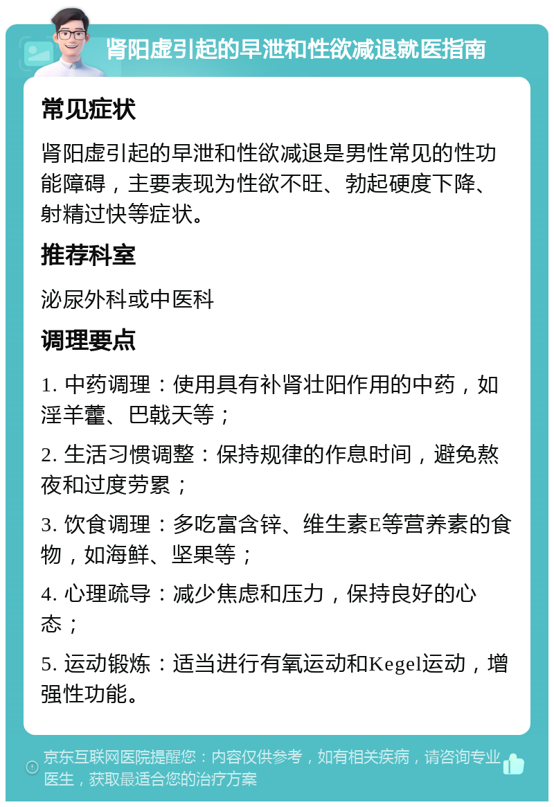 肾阳虚引起的早泄和性欲减退就医指南 常见症状 肾阳虚引起的早泄和性欲减退是男性常见的性功能障碍，主要表现为性欲不旺、勃起硬度下降、射精过快等症状。 推荐科室 泌尿外科或中医科 调理要点 1. 中药调理：使用具有补肾壮阳作用的中药，如淫羊藿、巴戟天等； 2. 生活习惯调整：保持规律的作息时间，避免熬夜和过度劳累； 3. 饮食调理：多吃富含锌、维生素E等营养素的食物，如海鲜、坚果等； 4. 心理疏导：减少焦虑和压力，保持良好的心态； 5. 运动锻炼：适当进行有氧运动和Kegel运动，增强性功能。