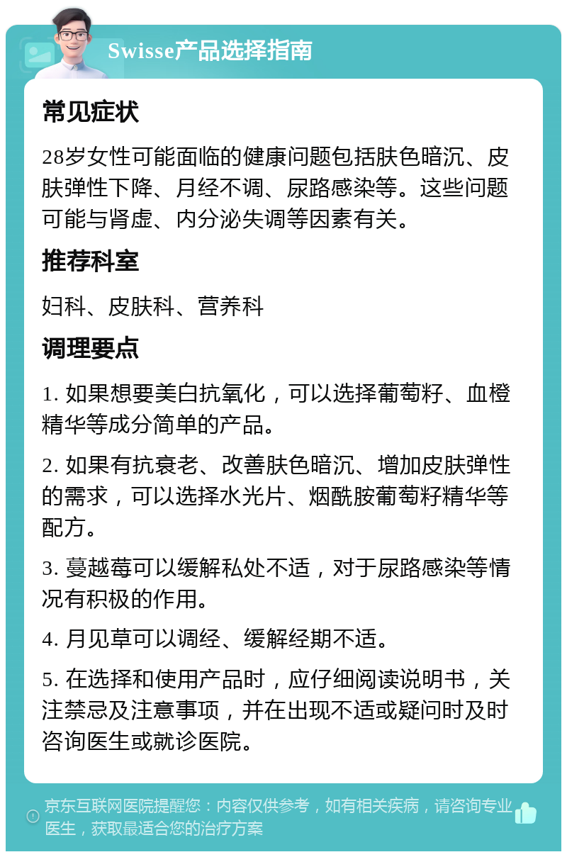 Swisse产品选择指南 常见症状 28岁女性可能面临的健康问题包括肤色暗沉、皮肤弹性下降、月经不调、尿路感染等。这些问题可能与肾虚、内分泌失调等因素有关。 推荐科室 妇科、皮肤科、营养科 调理要点 1. 如果想要美白抗氧化，可以选择葡萄籽、血橙精华等成分简单的产品。 2. 如果有抗衰老、改善肤色暗沉、增加皮肤弹性的需求，可以选择水光片、烟酰胺葡萄籽精华等配方。 3. 蔓越莓可以缓解私处不适，对于尿路感染等情况有积极的作用。 4. 月见草可以调经、缓解经期不适。 5. 在选择和使用产品时，应仔细阅读说明书，关注禁忌及注意事项，并在出现不适或疑问时及时咨询医生或就诊医院。