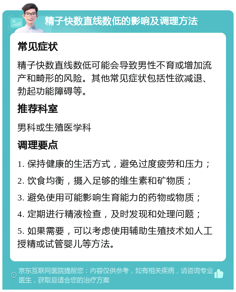 精子快数直线数低的影响及调理方法 常见症状 精子快数直线数低可能会导致男性不育或增加流产和畸形的风险。其他常见症状包括性欲减退、勃起功能障碍等。 推荐科室 男科或生殖医学科 调理要点 1. 保持健康的生活方式，避免过度疲劳和压力； 2. 饮食均衡，摄入足够的维生素和矿物质； 3. 避免使用可能影响生育能力的药物或物质； 4. 定期进行精液检查，及时发现和处理问题； 5. 如果需要，可以考虑使用辅助生殖技术如人工授精或试管婴儿等方法。