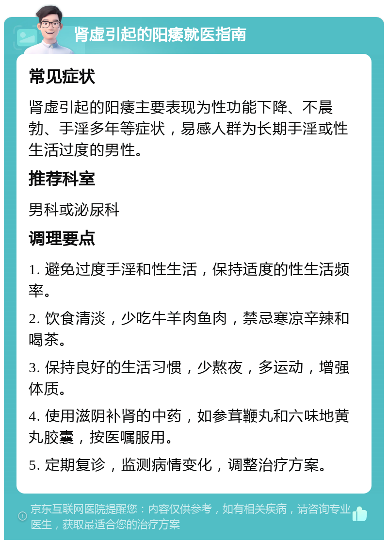 肾虚引起的阳痿就医指南 常见症状 肾虚引起的阳痿主要表现为性功能下降、不晨勃、手淫多年等症状，易感人群为长期手淫或性生活过度的男性。 推荐科室 男科或泌尿科 调理要点 1. 避免过度手淫和性生活，保持适度的性生活频率。 2. 饮食清淡，少吃牛羊肉鱼肉，禁忌寒凉辛辣和喝茶。 3. 保持良好的生活习惯，少熬夜，多运动，增强体质。 4. 使用滋阴补肾的中药，如参茸鞭丸和六味地黄丸胶囊，按医嘱服用。 5. 定期复诊，监测病情变化，调整治疗方案。