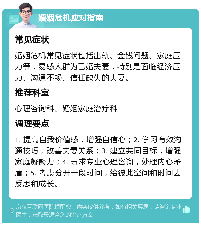 婚姻危机应对指南 常见症状 婚姻危机常见症状包括出轨、金钱问题、家庭压力等，易感人群为已婚夫妻，特别是面临经济压力、沟通不畅、信任缺失的夫妻。 推荐科室 心理咨询科、婚姻家庭治疗科 调理要点 1. 提高自我价值感，增强自信心；2. 学习有效沟通技巧，改善夫妻关系；3. 建立共同目标，增强家庭凝聚力；4. 寻求专业心理咨询，处理内心矛盾；5. 考虑分开一段时间，给彼此空间和时间去反思和成长。