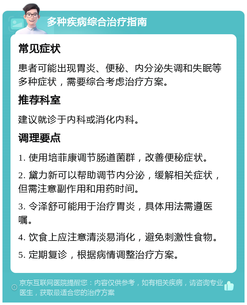 多种疾病综合治疗指南 常见症状 患者可能出现胃炎、便秘、内分泌失调和失眠等多种症状，需要综合考虑治疗方案。 推荐科室 建议就诊于内科或消化内科。 调理要点 1. 使用培菲康调节肠道菌群，改善便秘症状。 2. 黛力新可以帮助调节内分泌，缓解相关症状，但需注意副作用和用药时间。 3. 令泽舒可能用于治疗胃炎，具体用法需遵医嘱。 4. 饮食上应注意清淡易消化，避免刺激性食物。 5. 定期复诊，根据病情调整治疗方案。