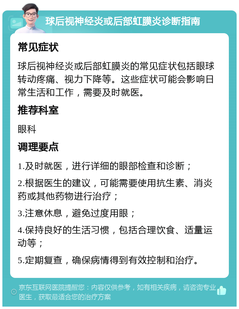 球后视神经炎或后部虹膜炎诊断指南 常见症状 球后视神经炎或后部虹膜炎的常见症状包括眼球转动疼痛、视力下降等。这些症状可能会影响日常生活和工作，需要及时就医。 推荐科室 眼科 调理要点 1.及时就医，进行详细的眼部检查和诊断； 2.根据医生的建议，可能需要使用抗生素、消炎药或其他药物进行治疗； 3.注意休息，避免过度用眼； 4.保持良好的生活习惯，包括合理饮食、适量运动等； 5.定期复查，确保病情得到有效控制和治疗。