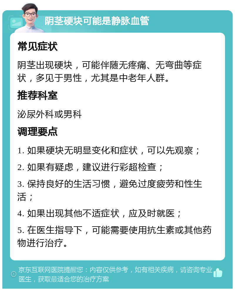 阴茎硬块可能是静脉血管 常见症状 阴茎出现硬块，可能伴随无疼痛、无弯曲等症状，多见于男性，尤其是中老年人群。 推荐科室 泌尿外科或男科 调理要点 1. 如果硬块无明显变化和症状，可以先观察； 2. 如果有疑虑，建议进行彩超检查； 3. 保持良好的生活习惯，避免过度疲劳和性生活； 4. 如果出现其他不适症状，应及时就医； 5. 在医生指导下，可能需要使用抗生素或其他药物进行治疗。