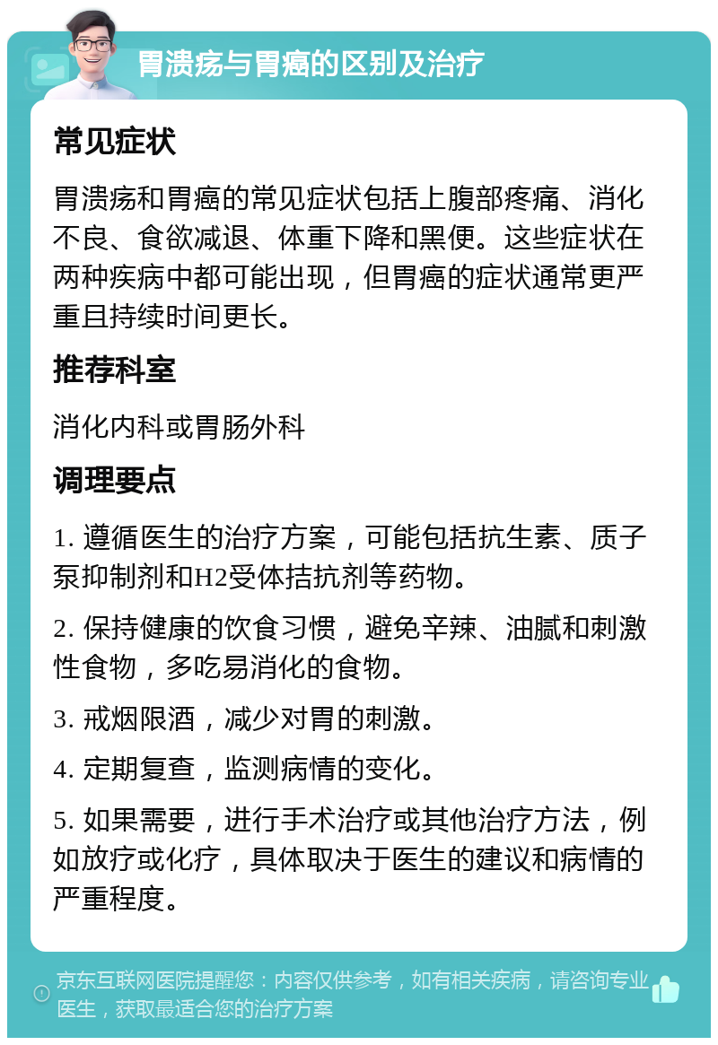 胃溃疡与胃癌的区别及治疗 常见症状 胃溃疡和胃癌的常见症状包括上腹部疼痛、消化不良、食欲减退、体重下降和黑便。这些症状在两种疾病中都可能出现，但胃癌的症状通常更严重且持续时间更长。 推荐科室 消化内科或胃肠外科 调理要点 1. 遵循医生的治疗方案，可能包括抗生素、质子泵抑制剂和H2受体拮抗剂等药物。 2. 保持健康的饮食习惯，避免辛辣、油腻和刺激性食物，多吃易消化的食物。 3. 戒烟限酒，减少对胃的刺激。 4. 定期复查，监测病情的变化。 5. 如果需要，进行手术治疗或其他治疗方法，例如放疗或化疗，具体取决于医生的建议和病情的严重程度。