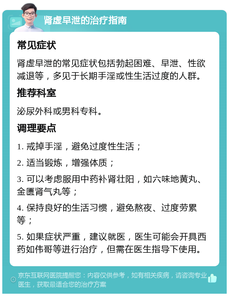 肾虚早泄的治疗指南 常见症状 肾虚早泄的常见症状包括勃起困难、早泄、性欲减退等，多见于长期手淫或性生活过度的人群。 推荐科室 泌尿外科或男科专科。 调理要点 1. 戒掉手淫，避免过度性生活； 2. 适当锻炼，增强体质； 3. 可以考虑服用中药补肾壮阳，如六味地黄丸、金匮肾气丸等； 4. 保持良好的生活习惯，避免熬夜、过度劳累等； 5. 如果症状严重，建议就医，医生可能会开具西药如伟哥等进行治疗，但需在医生指导下使用。