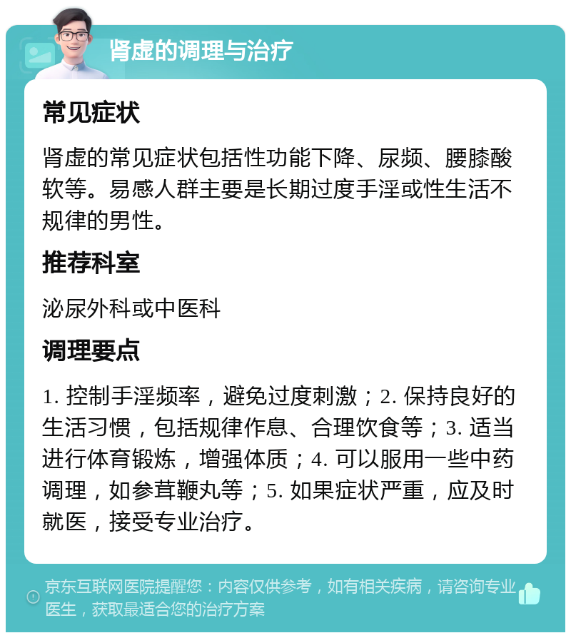 肾虚的调理与治疗 常见症状 肾虚的常见症状包括性功能下降、尿频、腰膝酸软等。易感人群主要是长期过度手淫或性生活不规律的男性。 推荐科室 泌尿外科或中医科 调理要点 1. 控制手淫频率，避免过度刺激；2. 保持良好的生活习惯，包括规律作息、合理饮食等；3. 适当进行体育锻炼，增强体质；4. 可以服用一些中药调理，如参茸鞭丸等；5. 如果症状严重，应及时就医，接受专业治疗。