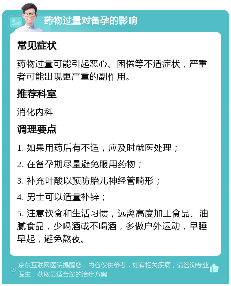 药物过量对备孕的影响 常见症状 药物过量可能引起恶心、困倦等不适症状，严重者可能出现更严重的副作用。 推荐科室 消化内科 调理要点 1. 如果用药后有不适，应及时就医处理； 2. 在备孕期尽量避免服用药物； 3. 补充叶酸以预防胎儿神经管畸形； 4. 男士可以适量补锌； 5. 注意饮食和生活习惯，远离高度加工食品、油腻食品，少喝酒或不喝酒，多做户外运动，早睡早起，避免熬夜。