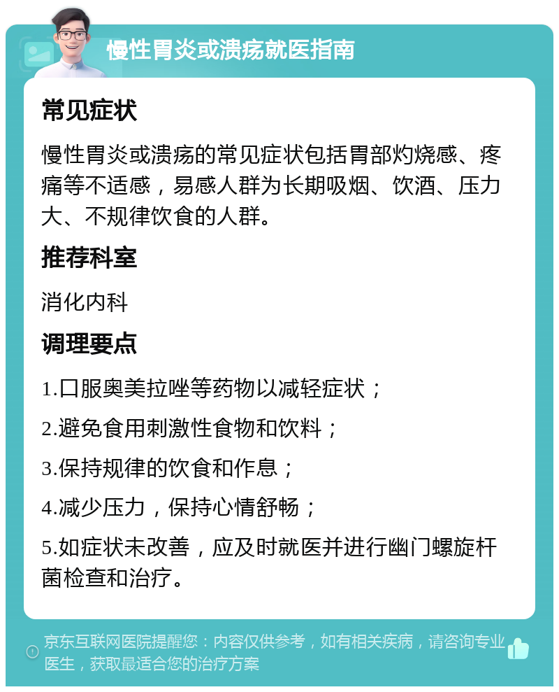 慢性胃炎或溃疡就医指南 常见症状 慢性胃炎或溃疡的常见症状包括胃部灼烧感、疼痛等不适感，易感人群为长期吸烟、饮酒、压力大、不规律饮食的人群。 推荐科室 消化内科 调理要点 1.口服奥美拉唑等药物以减轻症状； 2.避免食用刺激性食物和饮料； 3.保持规律的饮食和作息； 4.减少压力，保持心情舒畅； 5.如症状未改善，应及时就医并进行幽门螺旋杆菌检查和治疗。