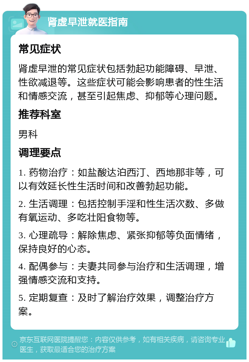 肾虚早泄就医指南 常见症状 肾虚早泄的常见症状包括勃起功能障碍、早泄、性欲减退等。这些症状可能会影响患者的性生活和情感交流，甚至引起焦虑、抑郁等心理问题。 推荐科室 男科 调理要点 1. 药物治疗：如盐酸达泊西汀、西地那非等，可以有效延长性生活时间和改善勃起功能。 2. 生活调理：包括控制手淫和性生活次数、多做有氧运动、多吃壮阳食物等。 3. 心理疏导：解除焦虑、紧张抑郁等负面情绪，保持良好的心态。 4. 配偶参与：夫妻共同参与治疗和生活调理，增强情感交流和支持。 5. 定期复查：及时了解治疗效果，调整治疗方案。