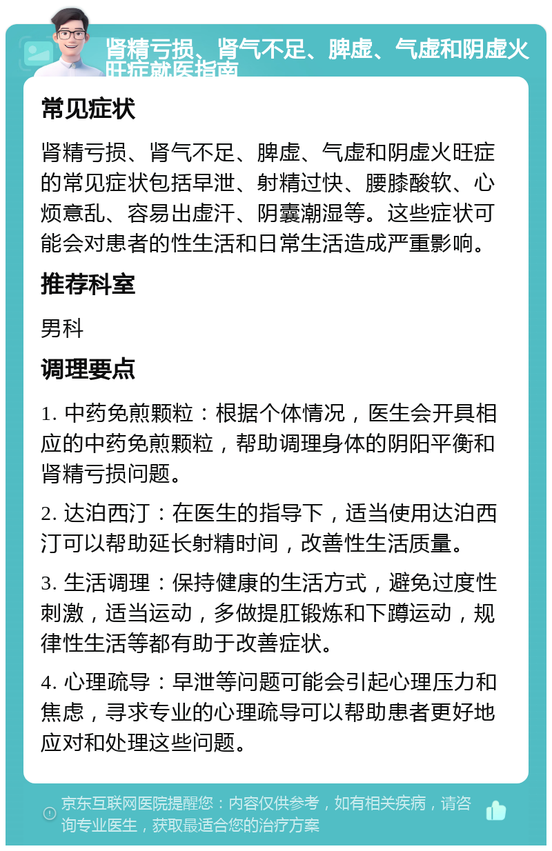 肾精亏损、肾气不足、脾虚、气虚和阴虚火旺症就医指南 常见症状 肾精亏损、肾气不足、脾虚、气虚和阴虚火旺症的常见症状包括早泄、射精过快、腰膝酸软、心烦意乱、容易出虚汗、阴囊潮湿等。这些症状可能会对患者的性生活和日常生活造成严重影响。 推荐科室 男科 调理要点 1. 中药免煎颗粒：根据个体情况，医生会开具相应的中药免煎颗粒，帮助调理身体的阴阳平衡和肾精亏损问题。 2. 达泊西汀：在医生的指导下，适当使用达泊西汀可以帮助延长射精时间，改善性生活质量。 3. 生活调理：保持健康的生活方式，避免过度性刺激，适当运动，多做提肛锻炼和下蹲运动，规律性生活等都有助于改善症状。 4. 心理疏导：早泄等问题可能会引起心理压力和焦虑，寻求专业的心理疏导可以帮助患者更好地应对和处理这些问题。