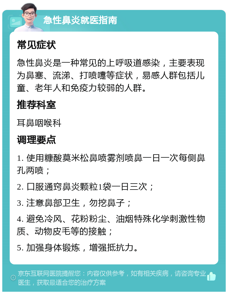 急性鼻炎就医指南 常见症状 急性鼻炎是一种常见的上呼吸道感染，主要表现为鼻塞、流涕、打喷嚏等症状，易感人群包括儿童、老年人和免疫力较弱的人群。 推荐科室 耳鼻咽喉科 调理要点 1. 使用糠酸莫米松鼻喷雾剂喷鼻一日一次每侧鼻孔两喷； 2. 口服通窍鼻炎颗粒1袋一日三次； 3. 注意鼻部卫生，勿挖鼻子； 4. 避免冷风、花粉粉尘、油烟特殊化学刺激性物质、动物皮毛等的接触； 5. 加强身体锻炼，增强抵抗力。