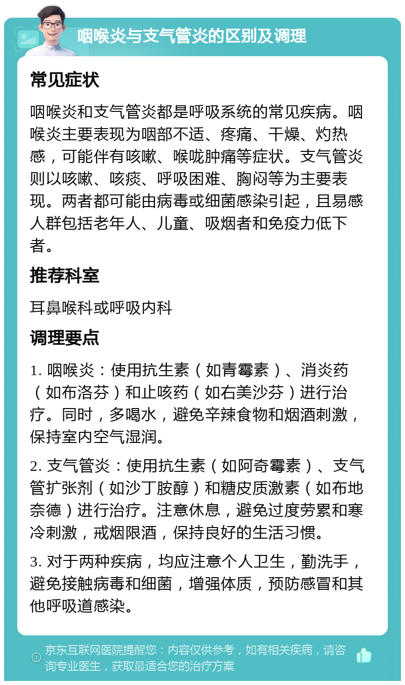 咽喉炎与支气管炎的区别及调理 常见症状 咽喉炎和支气管炎都是呼吸系统的常见疾病。咽喉炎主要表现为咽部不适、疼痛、干燥、灼热感，可能伴有咳嗽、喉咙肿痛等症状。支气管炎则以咳嗽、咳痰、呼吸困难、胸闷等为主要表现。两者都可能由病毒或细菌感染引起，且易感人群包括老年人、儿童、吸烟者和免疫力低下者。 推荐科室 耳鼻喉科或呼吸内科 调理要点 1. 咽喉炎：使用抗生素（如青霉素）、消炎药（如布洛芬）和止咳药（如右美沙芬）进行治疗。同时，多喝水，避免辛辣食物和烟酒刺激，保持室内空气湿润。 2. 支气管炎：使用抗生素（如阿奇霉素）、支气管扩张剂（如沙丁胺醇）和糖皮质激素（如布地奈德）进行治疗。注意休息，避免过度劳累和寒冷刺激，戒烟限酒，保持良好的生活习惯。 3. 对于两种疾病，均应注意个人卫生，勤洗手，避免接触病毒和细菌，增强体质，预防感冒和其他呼吸道感染。