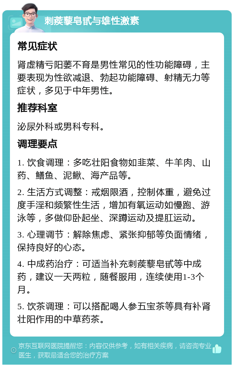 刺蒺藜皂甙与雄性激素 常见症状 肾虚精亏阳萎不育是男性常见的性功能障碍，主要表现为性欲减退、勃起功能障碍、射精无力等症状，多见于中年男性。 推荐科室 泌尿外科或男科专科。 调理要点 1. 饮食调理：多吃壮阳食物如韭菜、牛羊肉、山药、鳝鱼、泥鳅、海产品等。 2. 生活方式调整：戒烟限酒，控制体重，避免过度手淫和频繁性生活，增加有氧运动如慢跑、游泳等，多做仰卧起坐、深蹲运动及提肛运动。 3. 心理调节：解除焦虑、紧张抑郁等负面情绪，保持良好的心态。 4. 中成药治疗：可适当补充刺蒺藜皂甙等中成药，建议一天两粒，随餐服用，连续使用1-3个月。 5. 饮茶调理：可以搭配喝人参五宝茶等具有补肾壮阳作用的中草药茶。