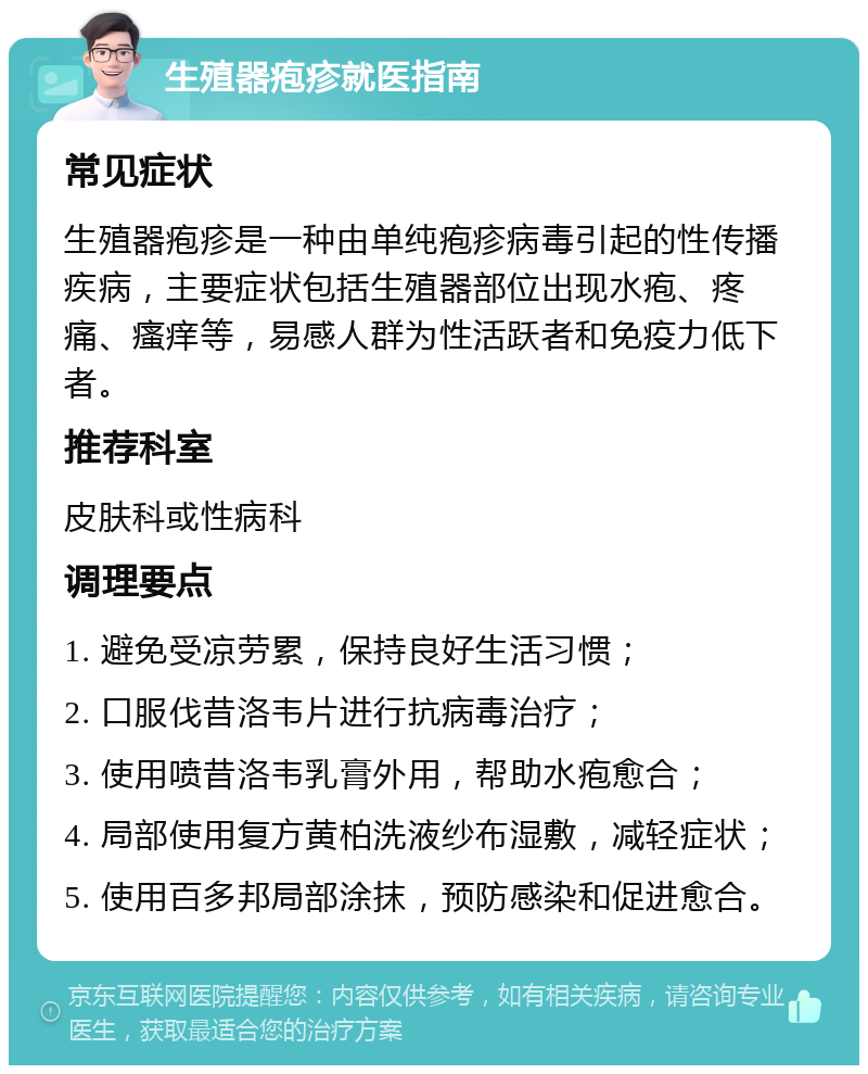 生殖器疱疹就医指南 常见症状 生殖器疱疹是一种由单纯疱疹病毒引起的性传播疾病，主要症状包括生殖器部位出现水疱、疼痛、瘙痒等，易感人群为性活跃者和免疫力低下者。 推荐科室 皮肤科或性病科 调理要点 1. 避免受凉劳累，保持良好生活习惯； 2. 口服伐昔洛韦片进行抗病毒治疗； 3. 使用喷昔洛韦乳膏外用，帮助水疱愈合； 4. 局部使用复方黄柏洗液纱布湿敷，减轻症状； 5. 使用百多邦局部涂抹，预防感染和促进愈合。