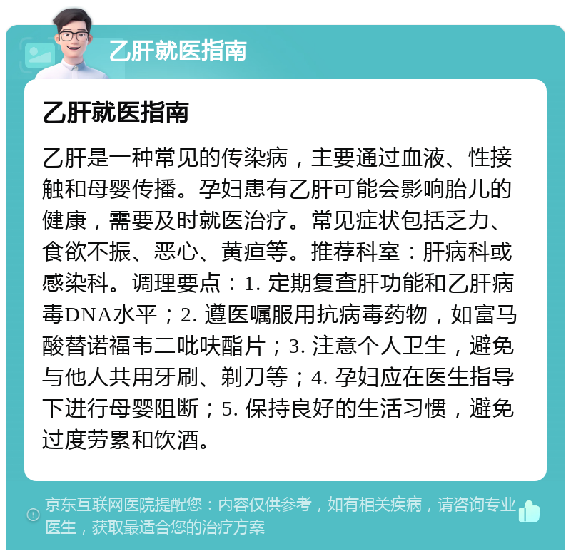 乙肝就医指南 乙肝就医指南 乙肝是一种常见的传染病，主要通过血液、性接触和母婴传播。孕妇患有乙肝可能会影响胎儿的健康，需要及时就医治疗。常见症状包括乏力、食欲不振、恶心、黄疸等。推荐科室：肝病科或感染科。调理要点：1. 定期复查肝功能和乙肝病毒DNA水平；2. 遵医嘱服用抗病毒药物，如富马酸替诺福韦二吡呋酯片；3. 注意个人卫生，避免与他人共用牙刷、剃刀等；4. 孕妇应在医生指导下进行母婴阻断；5. 保持良好的生活习惯，避免过度劳累和饮酒。