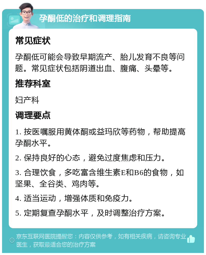 孕酮低的治疗和调理指南 常见症状 孕酮低可能会导致早期流产、胎儿发育不良等问题。常见症状包括阴道出血、腹痛、头晕等。 推荐科室 妇产科 调理要点 1. 按医嘱服用黄体酮或益玛欣等药物，帮助提高孕酮水平。 2. 保持良好的心态，避免过度焦虑和压力。 3. 合理饮食，多吃富含维生素E和B6的食物，如坚果、全谷类、鸡肉等。 4. 适当运动，增强体质和免疫力。 5. 定期复查孕酮水平，及时调整治疗方案。