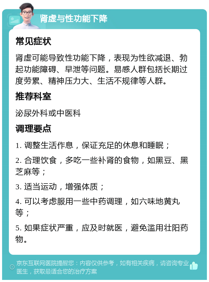 肾虚与性功能下降 常见症状 肾虚可能导致性功能下降，表现为性欲减退、勃起功能障碍、早泄等问题。易感人群包括长期过度劳累、精神压力大、生活不规律等人群。 推荐科室 泌尿外科或中医科 调理要点 1. 调整生活作息，保证充足的休息和睡眠； 2. 合理饮食，多吃一些补肾的食物，如黑豆、黑芝麻等； 3. 适当运动，增强体质； 4. 可以考虑服用一些中药调理，如六味地黄丸等； 5. 如果症状严重，应及时就医，避免滥用壮阳药物。