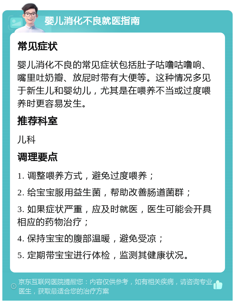 婴儿消化不良就医指南 常见症状 婴儿消化不良的常见症状包括肚子咕噜咕噜响、嘴里吐奶瓣、放屁时带有大便等。这种情况多见于新生儿和婴幼儿，尤其是在喂养不当或过度喂养时更容易发生。 推荐科室 儿科 调理要点 1. 调整喂养方式，避免过度喂养； 2. 给宝宝服用益生菌，帮助改善肠道菌群； 3. 如果症状严重，应及时就医，医生可能会开具相应的药物治疗； 4. 保持宝宝的腹部温暖，避免受凉； 5. 定期带宝宝进行体检，监测其健康状况。