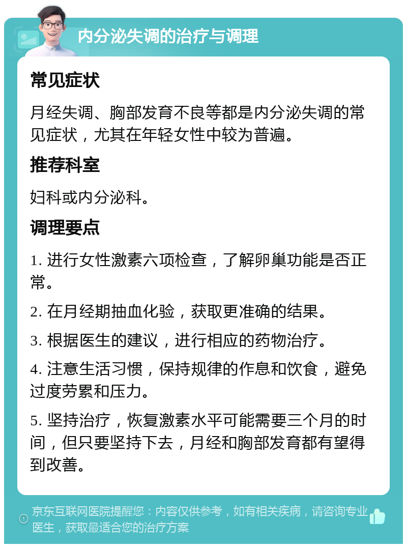 内分泌失调的治疗与调理 常见症状 月经失调、胸部发育不良等都是内分泌失调的常见症状，尤其在年轻女性中较为普遍。 推荐科室 妇科或内分泌科。 调理要点 1. 进行女性激素六项检查，了解卵巢功能是否正常。 2. 在月经期抽血化验，获取更准确的结果。 3. 根据医生的建议，进行相应的药物治疗。 4. 注意生活习惯，保持规律的作息和饮食，避免过度劳累和压力。 5. 坚持治疗，恢复激素水平可能需要三个月的时间，但只要坚持下去，月经和胸部发育都有望得到改善。