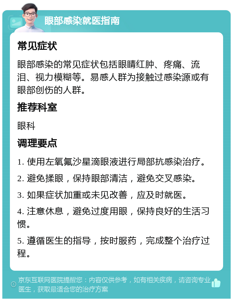 眼部感染就医指南 常见症状 眼部感染的常见症状包括眼睛红肿、疼痛、流泪、视力模糊等。易感人群为接触过感染源或有眼部创伤的人群。 推荐科室 眼科 调理要点 1. 使用左氧氟沙星滴眼液进行局部抗感染治疗。 2. 避免揉眼，保持眼部清洁，避免交叉感染。 3. 如果症状加重或未见改善，应及时就医。 4. 注意休息，避免过度用眼，保持良好的生活习惯。 5. 遵循医生的指导，按时服药，完成整个治疗过程。