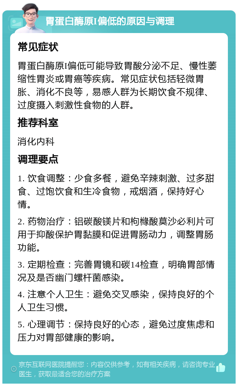 胃蛋白酶原I偏低的原因与调理 常见症状 胃蛋白酶原I偏低可能导致胃酸分泌不足、慢性萎缩性胃炎或胃癌等疾病。常见症状包括轻微胃胀、消化不良等，易感人群为长期饮食不规律、过度摄入刺激性食物的人群。 推荐科室 消化内科 调理要点 1. 饮食调整：少食多餐，避免辛辣刺激、过多甜食、过饱饮食和生冷食物，戒烟酒，保持好心情。 2. 药物治疗：铝碳酸镁片和枸橼酸莫沙必利片可用于抑酸保护胃黏膜和促进胃肠动力，调整胃肠功能。 3. 定期检查：完善胃镜和碳14检查，明确胃部情况及是否幽门螺杆菌感染。 4. 注意个人卫生：避免交叉感染，保持良好的个人卫生习惯。 5. 心理调节：保持良好的心态，避免过度焦虑和压力对胃部健康的影响。