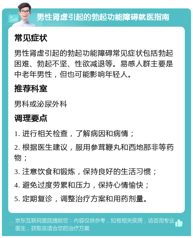 男性肾虚引起的勃起功能障碍就医指南 常见症状 男性肾虚引起的勃起功能障碍常见症状包括勃起困难、勃起不坚、性欲减退等。易感人群主要是中老年男性，但也可能影响年轻人。 推荐科室 男科或泌尿外科 调理要点 1. 进行相关检查，了解病因和病情； 2. 根据医生建议，服用参茸鞭丸和西地那非等药物； 3. 注意饮食和锻炼，保持良好的生活习惯； 4. 避免过度劳累和压力，保持心情愉快； 5. 定期复诊，调整治疗方案和用药剂量。