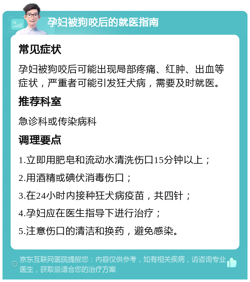 孕妇被狗咬后的就医指南 常见症状 孕妇被狗咬后可能出现局部疼痛、红肿、出血等症状，严重者可能引发狂犬病，需要及时就医。 推荐科室 急诊科或传染病科 调理要点 1.立即用肥皂和流动水清洗伤口15分钟以上； 2.用酒精或碘伏消毒伤口； 3.在24小时内接种狂犬病疫苗，共四针； 4.孕妇应在医生指导下进行治疗； 5.注意伤口的清洁和换药，避免感染。