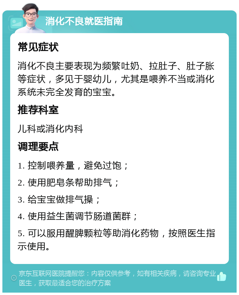 消化不良就医指南 常见症状 消化不良主要表现为频繁吐奶、拉肚子、肚子胀等症状，多见于婴幼儿，尤其是喂养不当或消化系统未完全发育的宝宝。 推荐科室 儿科或消化内科 调理要点 1. 控制喂养量，避免过饱； 2. 使用肥皂条帮助排气； 3. 给宝宝做排气操； 4. 使用益生菌调节肠道菌群； 5. 可以服用醒脾颗粒等助消化药物，按照医生指示使用。