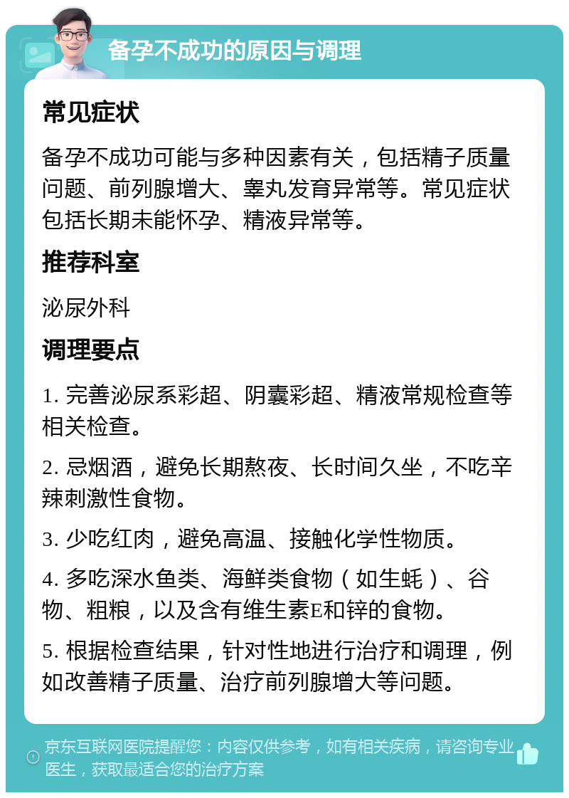 备孕不成功的原因与调理 常见症状 备孕不成功可能与多种因素有关，包括精子质量问题、前列腺增大、睾丸发育异常等。常见症状包括长期未能怀孕、精液异常等。 推荐科室 泌尿外科 调理要点 1. 完善泌尿系彩超、阴囊彩超、精液常规检查等相关检查。 2. 忌烟酒，避免长期熬夜、长时间久坐，不吃辛辣刺激性食物。 3. 少吃红肉，避免高温、接触化学性物质。 4. 多吃深水鱼类、海鲜类食物（如生蚝）、谷物、粗粮，以及含有维生素E和锌的食物。 5. 根据检查结果，针对性地进行治疗和调理，例如改善精子质量、治疗前列腺增大等问题。