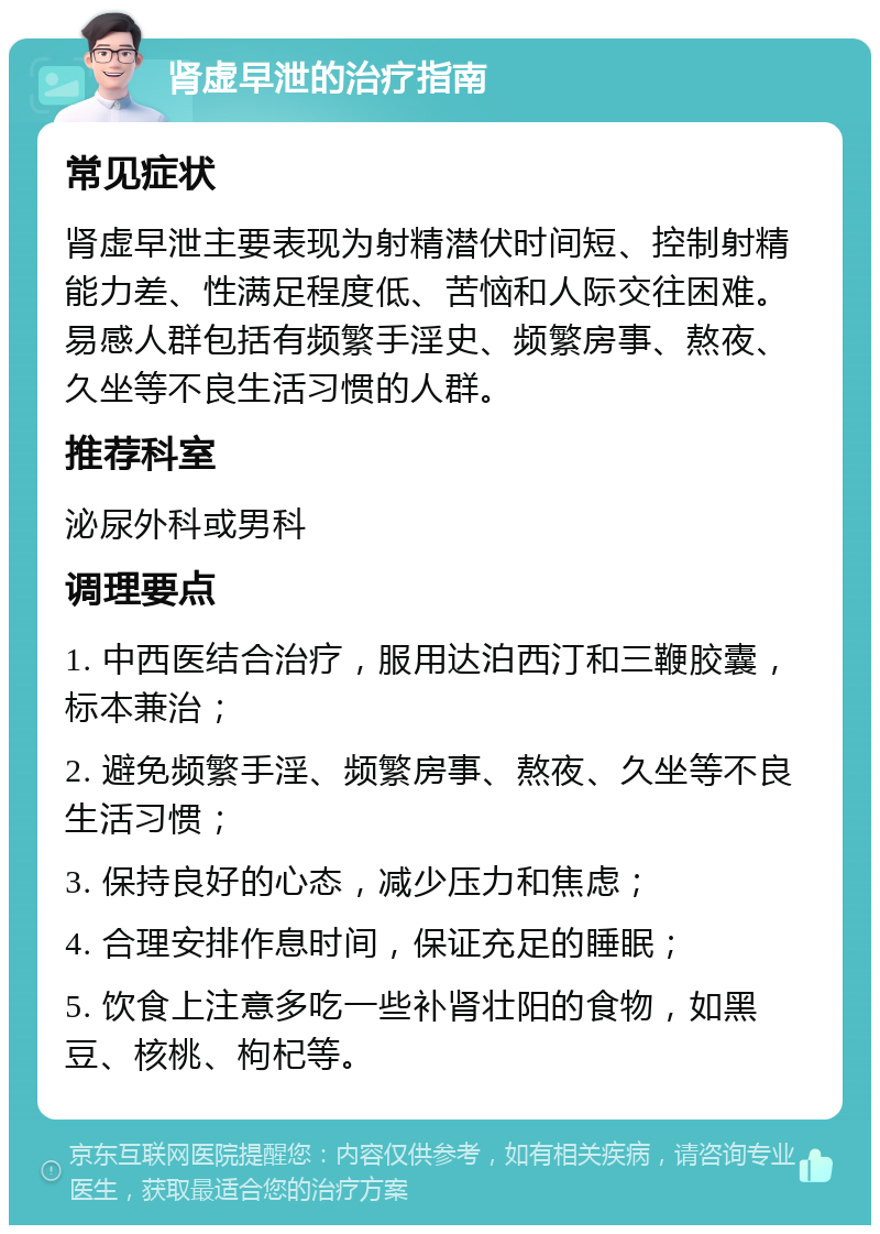 肾虚早泄的治疗指南 常见症状 肾虚早泄主要表现为射精潜伏时间短、控制射精能力差、性满足程度低、苦恼和人际交往困难。易感人群包括有频繁手淫史、频繁房事、熬夜、久坐等不良生活习惯的人群。 推荐科室 泌尿外科或男科 调理要点 1. 中西医结合治疗，服用达泊西汀和三鞭胶囊，标本兼治； 2. 避免频繁手淫、频繁房事、熬夜、久坐等不良生活习惯； 3. 保持良好的心态，减少压力和焦虑； 4. 合理安排作息时间，保证充足的睡眠； 5. 饮食上注意多吃一些补肾壮阳的食物，如黑豆、核桃、枸杞等。