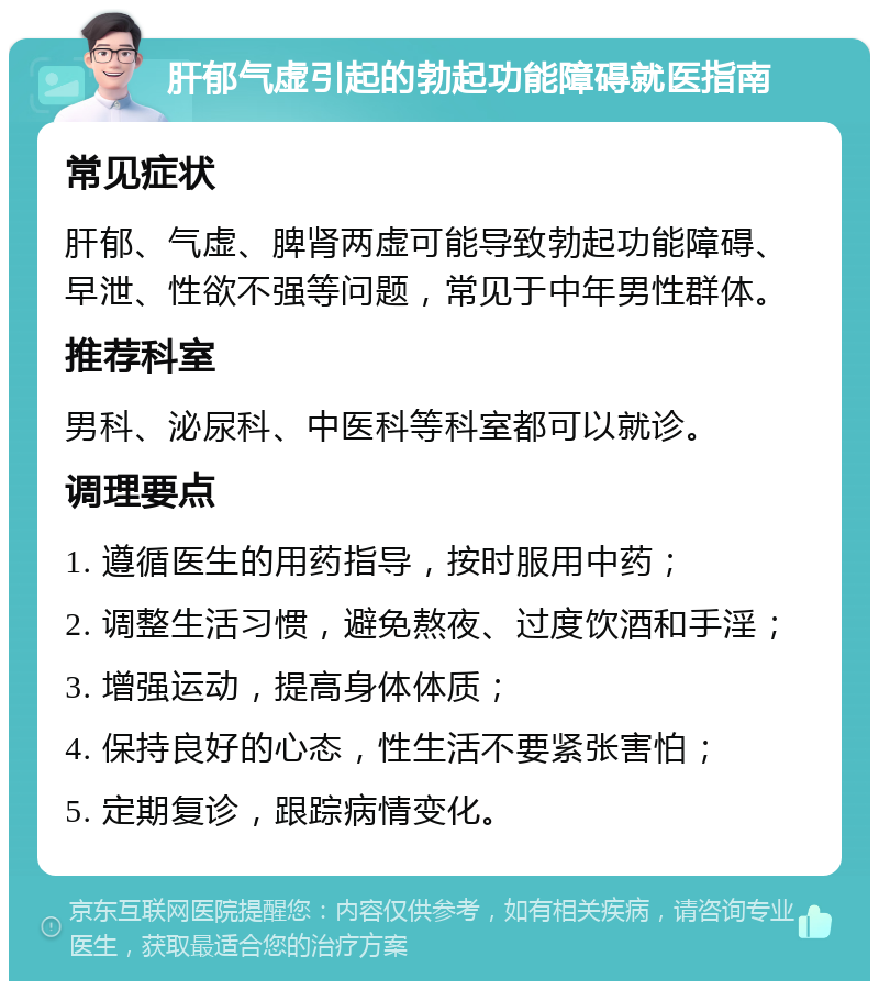 肝郁气虚引起的勃起功能障碍就医指南 常见症状 肝郁、气虚、脾肾两虚可能导致勃起功能障碍、早泄、性欲不强等问题，常见于中年男性群体。 推荐科室 男科、泌尿科、中医科等科室都可以就诊。 调理要点 1. 遵循医生的用药指导，按时服用中药； 2. 调整生活习惯，避免熬夜、过度饮酒和手淫； 3. 增强运动，提高身体体质； 4. 保持良好的心态，性生活不要紧张害怕； 5. 定期复诊，跟踪病情变化。