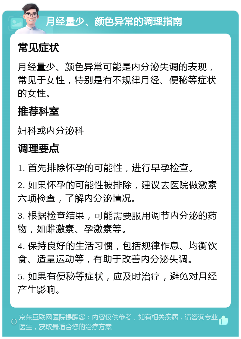 月经量少、颜色异常的调理指南 常见症状 月经量少、颜色异常可能是内分泌失调的表现，常见于女性，特别是有不规律月经、便秘等症状的女性。 推荐科室 妇科或内分泌科 调理要点 1. 首先排除怀孕的可能性，进行早孕检查。 2. 如果怀孕的可能性被排除，建议去医院做激素六项检查，了解内分泌情况。 3. 根据检查结果，可能需要服用调节内分泌的药物，如雌激素、孕激素等。 4. 保持良好的生活习惯，包括规律作息、均衡饮食、适量运动等，有助于改善内分泌失调。 5. 如果有便秘等症状，应及时治疗，避免对月经产生影响。