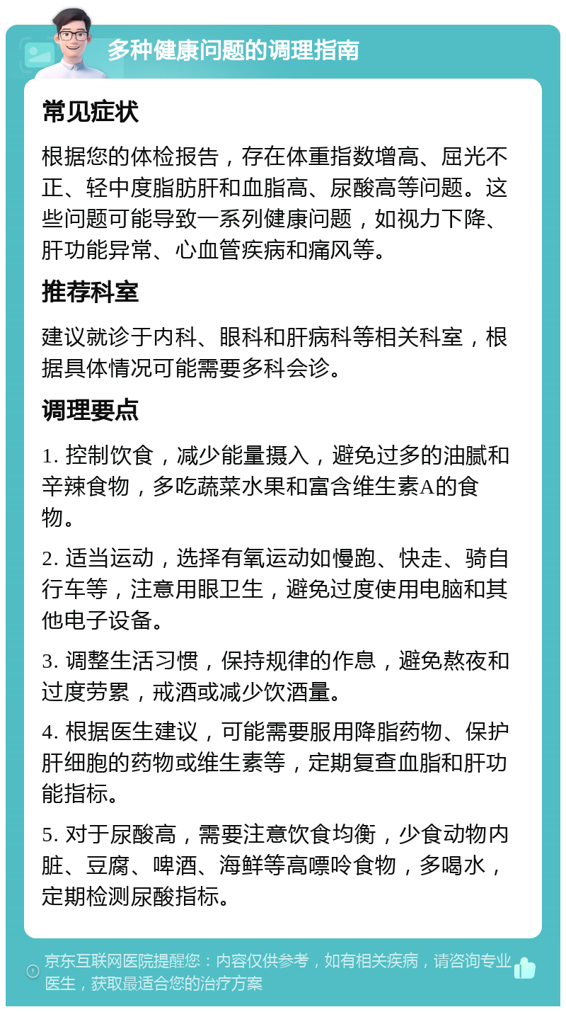 多种健康问题的调理指南 常见症状 根据您的体检报告，存在体重指数增高、屈光不正、轻中度脂肪肝和血脂高、尿酸高等问题。这些问题可能导致一系列健康问题，如视力下降、肝功能异常、心血管疾病和痛风等。 推荐科室 建议就诊于内科、眼科和肝病科等相关科室，根据具体情况可能需要多科会诊。 调理要点 1. 控制饮食，减少能量摄入，避免过多的油腻和辛辣食物，多吃蔬菜水果和富含维生素A的食物。 2. 适当运动，选择有氧运动如慢跑、快走、骑自行车等，注意用眼卫生，避免过度使用电脑和其他电子设备。 3. 调整生活习惯，保持规律的作息，避免熬夜和过度劳累，戒酒或减少饮酒量。 4. 根据医生建议，可能需要服用降脂药物、保护肝细胞的药物或维生素等，定期复查血脂和肝功能指标。 5. 对于尿酸高，需要注意饮食均衡，少食动物内脏、豆腐、啤酒、海鲜等高嘌呤食物，多喝水，定期检测尿酸指标。