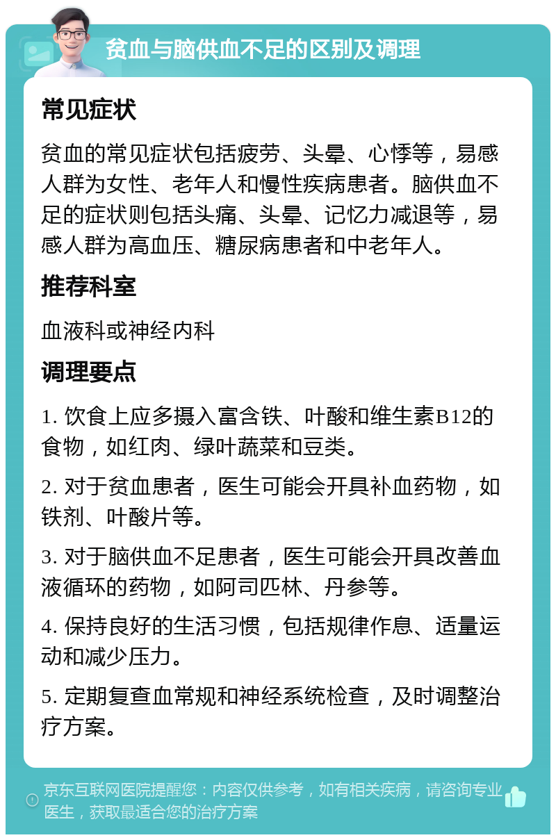 贫血与脑供血不足的区别及调理 常见症状 贫血的常见症状包括疲劳、头晕、心悸等，易感人群为女性、老年人和慢性疾病患者。脑供血不足的症状则包括头痛、头晕、记忆力减退等，易感人群为高血压、糖尿病患者和中老年人。 推荐科室 血液科或神经内科 调理要点 1. 饮食上应多摄入富含铁、叶酸和维生素B12的食物，如红肉、绿叶蔬菜和豆类。 2. 对于贫血患者，医生可能会开具补血药物，如铁剂、叶酸片等。 3. 对于脑供血不足患者，医生可能会开具改善血液循环的药物，如阿司匹林、丹参等。 4. 保持良好的生活习惯，包括规律作息、适量运动和减少压力。 5. 定期复查血常规和神经系统检查，及时调整治疗方案。