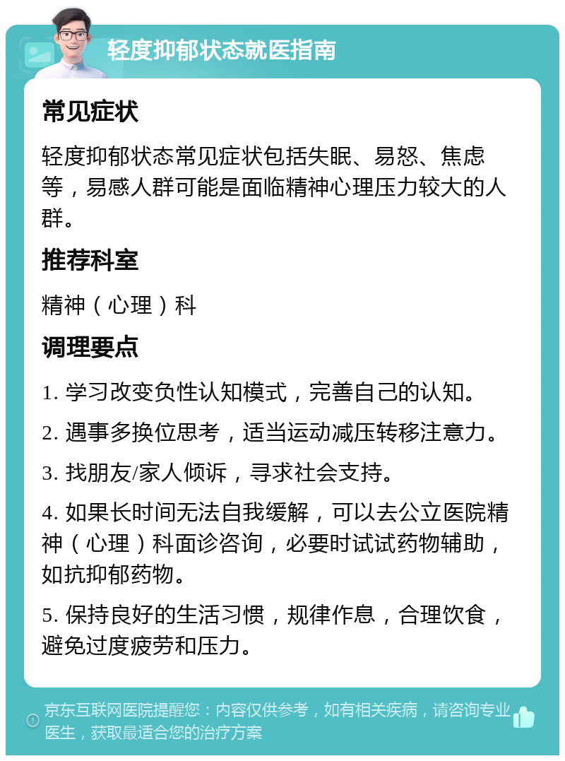 轻度抑郁状态就医指南 常见症状 轻度抑郁状态常见症状包括失眠、易怒、焦虑等，易感人群可能是面临精神心理压力较大的人群。 推荐科室 精神（心理）科 调理要点 1. 学习改变负性认知模式，完善自己的认知。 2. 遇事多换位思考，适当运动减压转移注意力。 3. 找朋友/家人倾诉，寻求社会支持。 4. 如果长时间无法自我缓解，可以去公立医院精神（心理）科面诊咨询，必要时试试药物辅助，如抗抑郁药物。 5. 保持良好的生活习惯，规律作息，合理饮食，避免过度疲劳和压力。