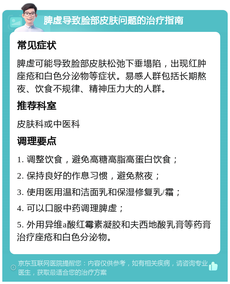 脾虚导致脸部皮肤问题的治疗指南 常见症状 脾虚可能导致脸部皮肤松弛下垂塌陷，出现红肿座疮和白色分泌物等症状。易感人群包括长期熬夜、饮食不规律、精神压力大的人群。 推荐科室 皮肤科或中医科 调理要点 1. 调整饮食，避免高糖高脂高蛋白饮食； 2. 保持良好的作息习惯，避免熬夜； 3. 使用医用温和洁面乳和保湿修复乳/霜； 4. 可以口服中药调理脾虚； 5. 外用异维a酸红霉素凝胶和夫西地酸乳膏等药膏治疗座疮和白色分泌物。