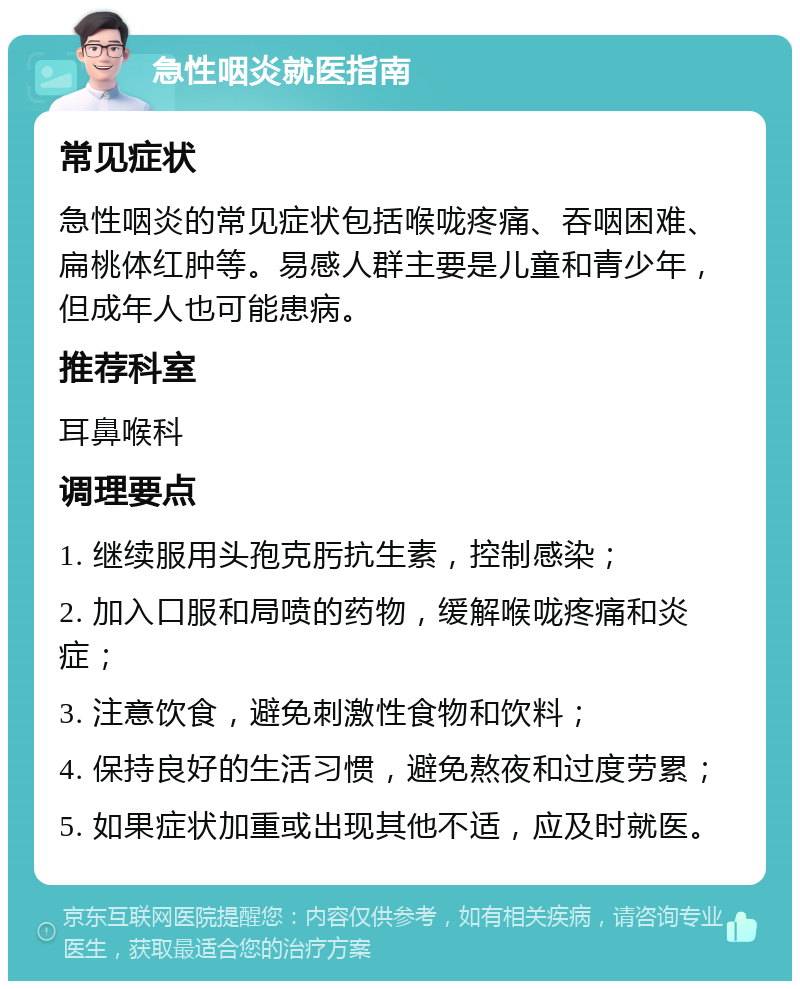 急性咽炎就医指南 常见症状 急性咽炎的常见症状包括喉咙疼痛、吞咽困难、扁桃体红肿等。易感人群主要是儿童和青少年，但成年人也可能患病。 推荐科室 耳鼻喉科 调理要点 1. 继续服用头孢克肟抗生素，控制感染； 2. 加入口服和局喷的药物，缓解喉咙疼痛和炎症； 3. 注意饮食，避免刺激性食物和饮料； 4. 保持良好的生活习惯，避免熬夜和过度劳累； 5. 如果症状加重或出现其他不适，应及时就医。