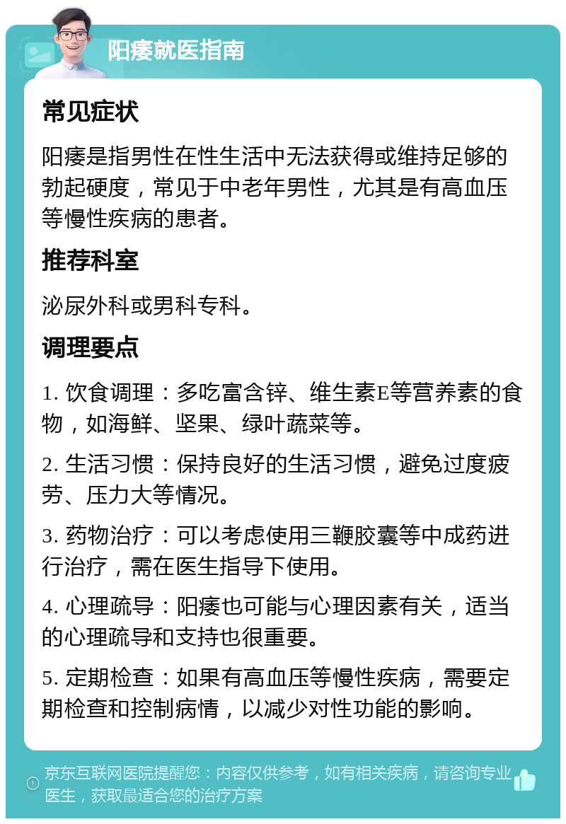 阳痿就医指南 常见症状 阳痿是指男性在性生活中无法获得或维持足够的勃起硬度，常见于中老年男性，尤其是有高血压等慢性疾病的患者。 推荐科室 泌尿外科或男科专科。 调理要点 1. 饮食调理：多吃富含锌、维生素E等营养素的食物，如海鲜、坚果、绿叶蔬菜等。 2. 生活习惯：保持良好的生活习惯，避免过度疲劳、压力大等情况。 3. 药物治疗：可以考虑使用三鞭胶囊等中成药进行治疗，需在医生指导下使用。 4. 心理疏导：阳痿也可能与心理因素有关，适当的心理疏导和支持也很重要。 5. 定期检查：如果有高血压等慢性疾病，需要定期检查和控制病情，以减少对性功能的影响。