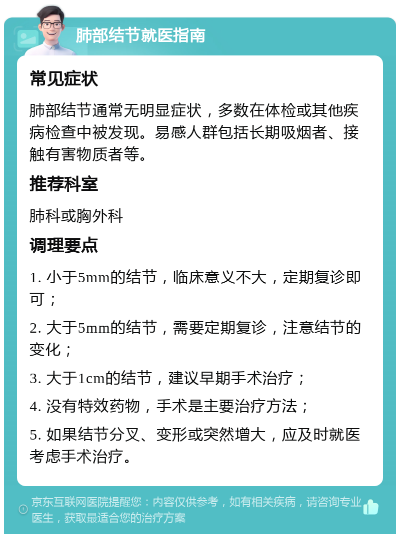 肺部结节就医指南 常见症状 肺部结节通常无明显症状，多数在体检或其他疾病检查中被发现。易感人群包括长期吸烟者、接触有害物质者等。 推荐科室 肺科或胸外科 调理要点 1. 小于5mm的结节，临床意义不大，定期复诊即可； 2. 大于5mm的结节，需要定期复诊，注意结节的变化； 3. 大于1cm的结节，建议早期手术治疗； 4. 没有特效药物，手术是主要治疗方法； 5. 如果结节分叉、变形或突然增大，应及时就医考虑手术治疗。