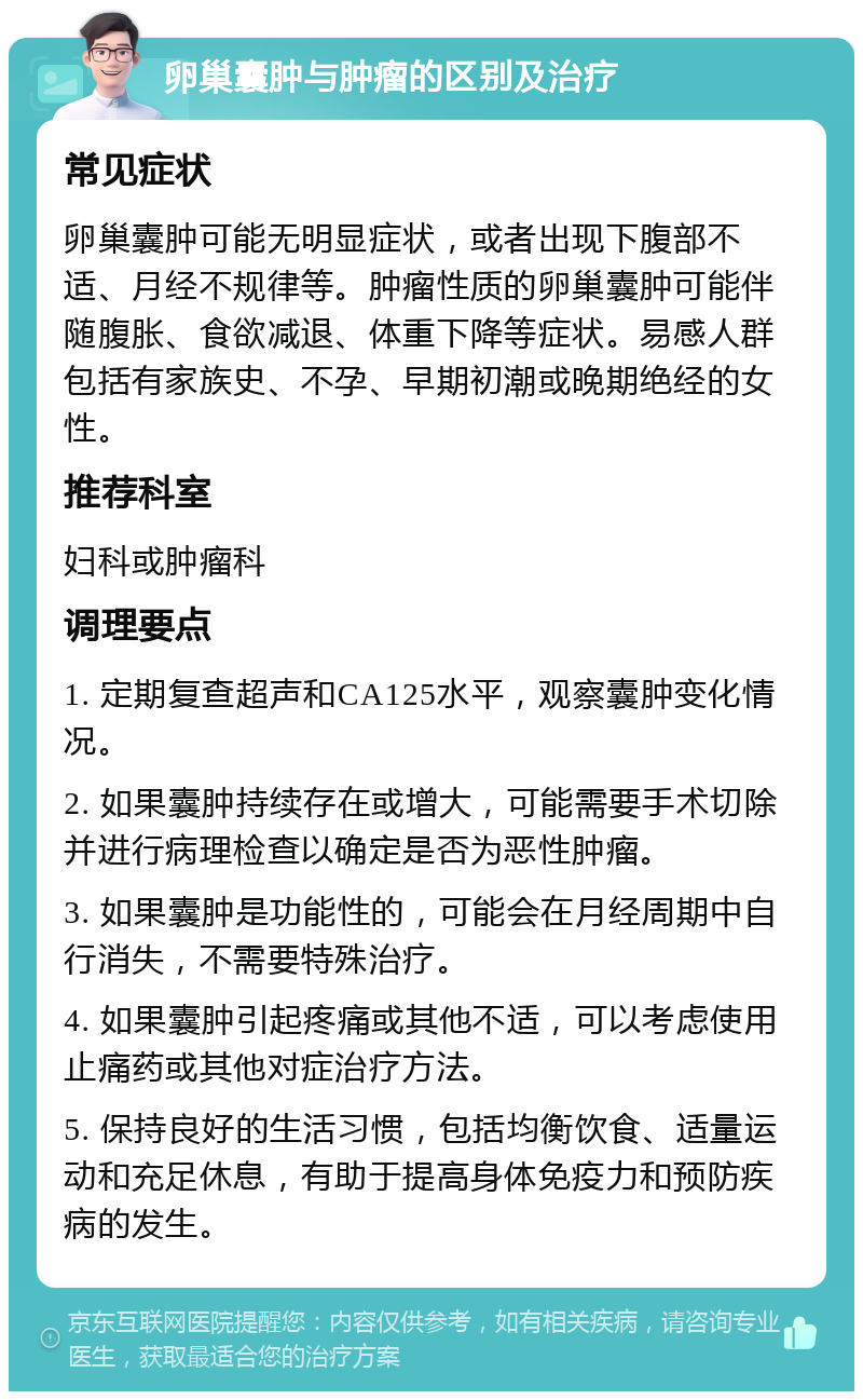 卵巢囊肿与肿瘤的区别及治疗 常见症状 卵巢囊肿可能无明显症状，或者出现下腹部不适、月经不规律等。肿瘤性质的卵巢囊肿可能伴随腹胀、食欲减退、体重下降等症状。易感人群包括有家族史、不孕、早期初潮或晚期绝经的女性。 推荐科室 妇科或肿瘤科 调理要点 1. 定期复查超声和CA125水平，观察囊肿变化情况。 2. 如果囊肿持续存在或增大，可能需要手术切除并进行病理检查以确定是否为恶性肿瘤。 3. 如果囊肿是功能性的，可能会在月经周期中自行消失，不需要特殊治疗。 4. 如果囊肿引起疼痛或其他不适，可以考虑使用止痛药或其他对症治疗方法。 5. 保持良好的生活习惯，包括均衡饮食、适量运动和充足休息，有助于提高身体免疫力和预防疾病的发生。