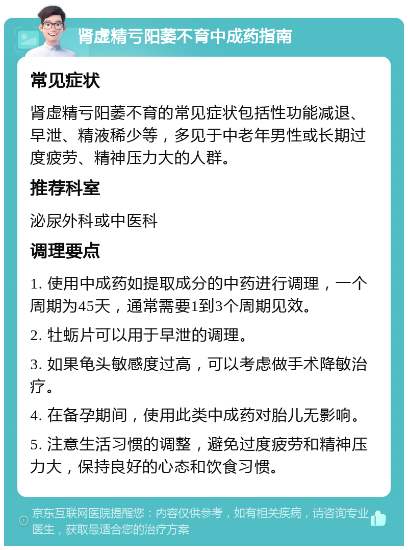 肾虚精亏阳萎不育中成药指南 常见症状 肾虚精亏阳萎不育的常见症状包括性功能减退、早泄、精液稀少等，多见于中老年男性或长期过度疲劳、精神压力大的人群。 推荐科室 泌尿外科或中医科 调理要点 1. 使用中成药如提取成分的中药进行调理，一个周期为45天，通常需要1到3个周期见效。 2. 牡蛎片可以用于早泄的调理。 3. 如果龟头敏感度过高，可以考虑做手术降敏治疗。 4. 在备孕期间，使用此类中成药对胎儿无影响。 5. 注意生活习惯的调整，避免过度疲劳和精神压力大，保持良好的心态和饮食习惯。