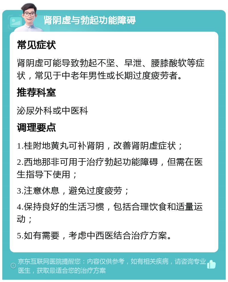 肾阴虚与勃起功能障碍 常见症状 肾阴虚可能导致勃起不坚、早泄、腰膝酸软等症状，常见于中老年男性或长期过度疲劳者。 推荐科室 泌尿外科或中医科 调理要点 1.桂附地黄丸可补肾阴，改善肾阴虚症状； 2.西地那非可用于治疗勃起功能障碍，但需在医生指导下使用； 3.注意休息，避免过度疲劳； 4.保持良好的生活习惯，包括合理饮食和适量运动； 5.如有需要，考虑中西医结合治疗方案。