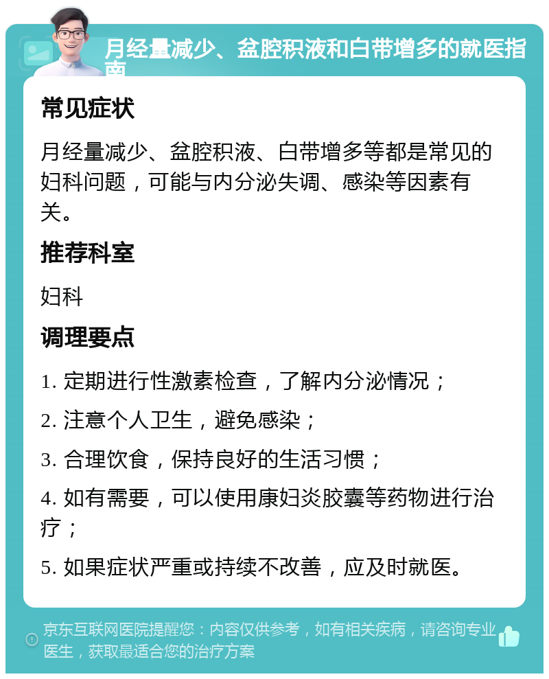 月经量减少、盆腔积液和白带增多的就医指南 常见症状 月经量减少、盆腔积液、白带增多等都是常见的妇科问题，可能与内分泌失调、感染等因素有关。 推荐科室 妇科 调理要点 1. 定期进行性激素检查，了解内分泌情况； 2. 注意个人卫生，避免感染； 3. 合理饮食，保持良好的生活习惯； 4. 如有需要，可以使用康妇炎胶囊等药物进行治疗； 5. 如果症状严重或持续不改善，应及时就医。