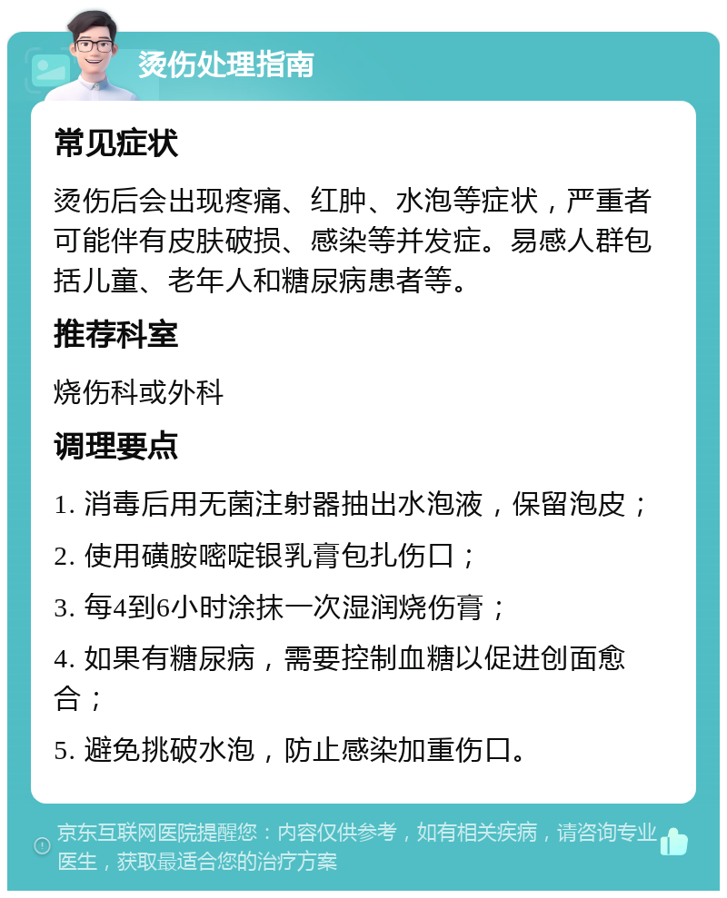 烫伤处理指南 常见症状 烫伤后会出现疼痛、红肿、水泡等症状，严重者可能伴有皮肤破损、感染等并发症。易感人群包括儿童、老年人和糖尿病患者等。 推荐科室 烧伤科或外科 调理要点 1. 消毒后用无菌注射器抽出水泡液，保留泡皮； 2. 使用磺胺嘧啶银乳膏包扎伤口； 3. 每4到6小时涂抹一次湿润烧伤膏； 4. 如果有糖尿病，需要控制血糖以促进创面愈合； 5. 避免挑破水泡，防止感染加重伤口。