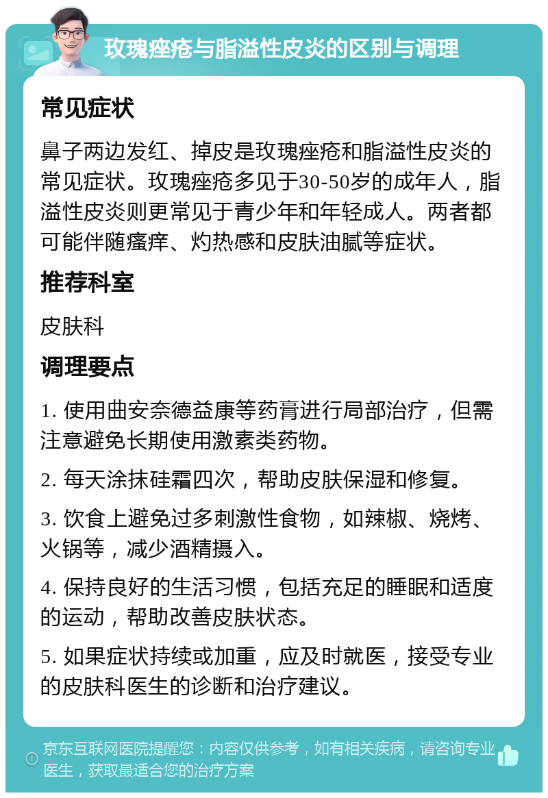 玫瑰痤疮与脂溢性皮炎的区别与调理 常见症状 鼻子两边发红、掉皮是玫瑰痤疮和脂溢性皮炎的常见症状。玫瑰痤疮多见于30-50岁的成年人，脂溢性皮炎则更常见于青少年和年轻成人。两者都可能伴随瘙痒、灼热感和皮肤油腻等症状。 推荐科室 皮肤科 调理要点 1. 使用曲安奈德益康等药膏进行局部治疗，但需注意避免长期使用激素类药物。 2. 每天涂抹硅霜四次，帮助皮肤保湿和修复。 3. 饮食上避免过多刺激性食物，如辣椒、烧烤、火锅等，减少酒精摄入。 4. 保持良好的生活习惯，包括充足的睡眠和适度的运动，帮助改善皮肤状态。 5. 如果症状持续或加重，应及时就医，接受专业的皮肤科医生的诊断和治疗建议。